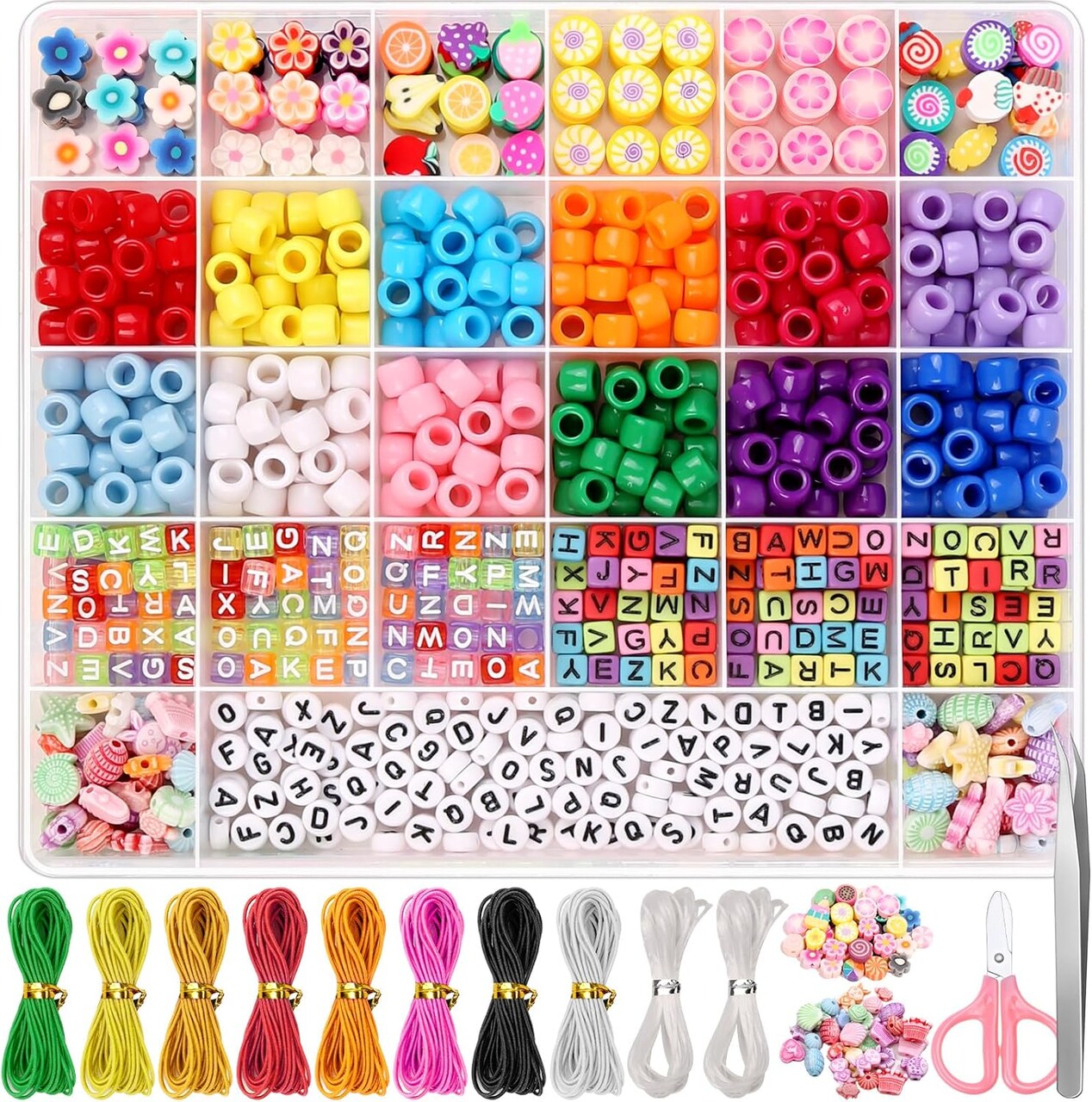 Bead Bracelet Making Kit, Bead Kits for Bracelets Making with Pony Beads, Polymer Fruit Clay Beads, Charm Beads, Letter Beads for Bracelets and Jewelry Making